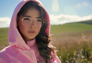 Serene Woman in Pink Hoodie and Stylish Glasses Outdoors