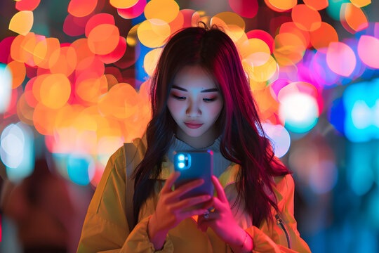 Portrait of a young woman using her smartphone in a city at night, bokeh lights creating a colorful, vibrant background 