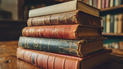 Naklejka premium Stack of vintage books on wooden table