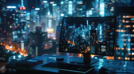 Futuristic Cityscape Reflection on Modern Computer Monitor at Night