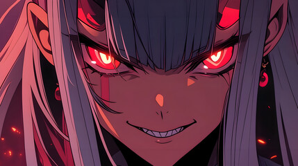 Sinister Anime-Style Female Oni Demon Character with Fierce Red Eyes and Horns