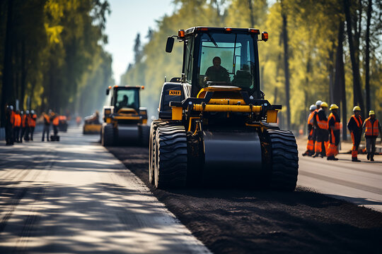 Road roller machine is carrying out asphalting of road construction. Generative AI
