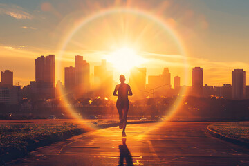 Fototapeta premium Stunning sunrise over a city skyline with lens flare creating a halo around the sun, providing a backdrop to an early morning jogger 