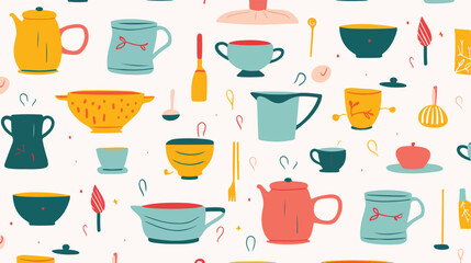 Kitchenware seamless pattern. Stylized hand drawn d