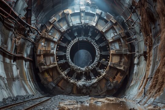 Engineer Technician control underground construction working shaft. Transport pipeline tunnel boring machine method for electric train subway.