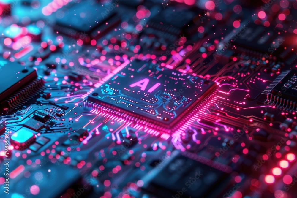 Poster artificial intelligence (ai) concept, abstract ai processor and quantum computer background.
