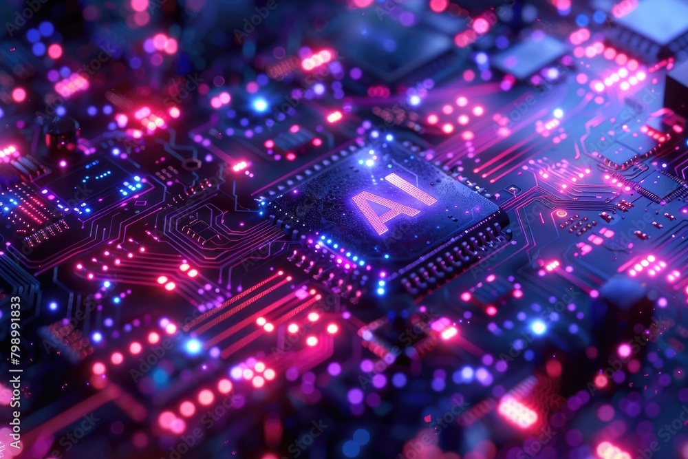 Poster artificial intelligence (ai) concept, abstract ai processor and quantum computer background.