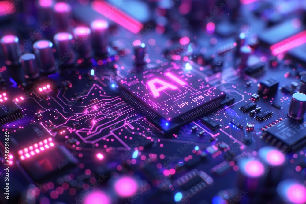 Poster artificial intelligence (ai) concept, abstract ai processor and quantum computer background.