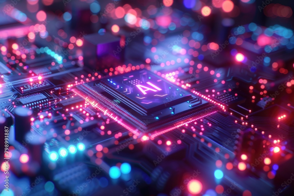 Poster artificial intelligence (ai) concept, abstract ai processor and quantum computer background.