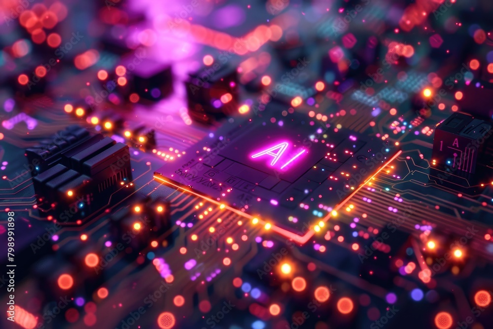 Poster artificial intelligence (ai) concept, abstract ai processor and quantum computer background.