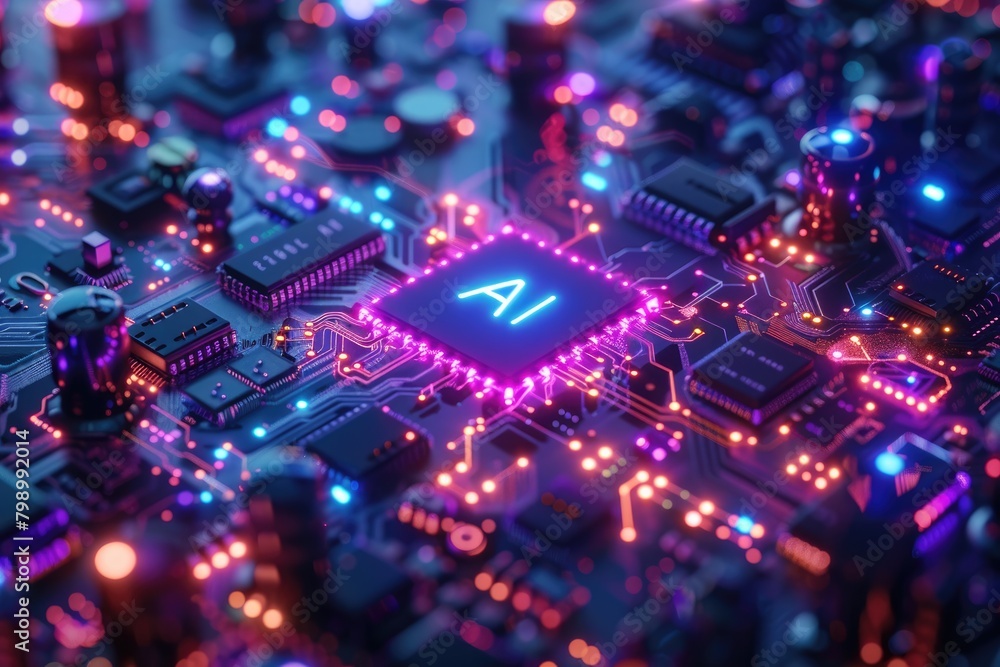 Poster artificial intelligence (ai) concept, abstract ai processor and quantum computer background.