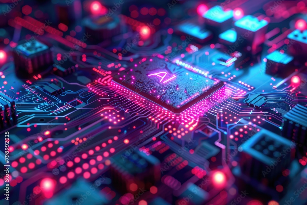 Poster artificial intelligence (ai) concept, abstract ai processor and quantum computer background.