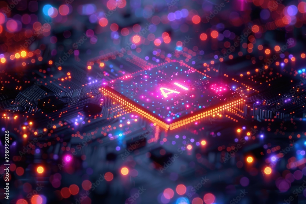 Poster artificial intelligence (ai) concept, abstract ai processor and quantum computer background.