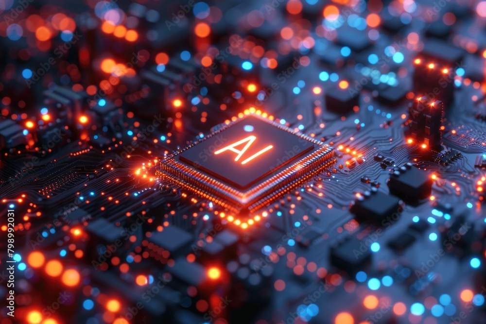 Poster artificial intelligence (ai) concept, abstract ai processor and quantum computer background.