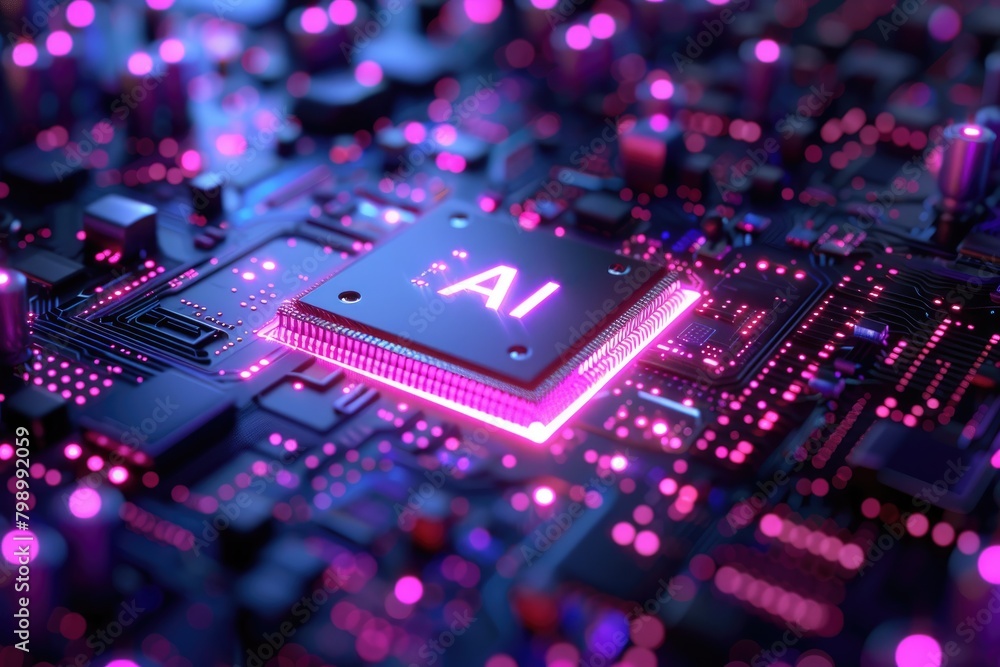 Poster artificial intelligence (ai) concept, abstract ai processor and quantum computer background.