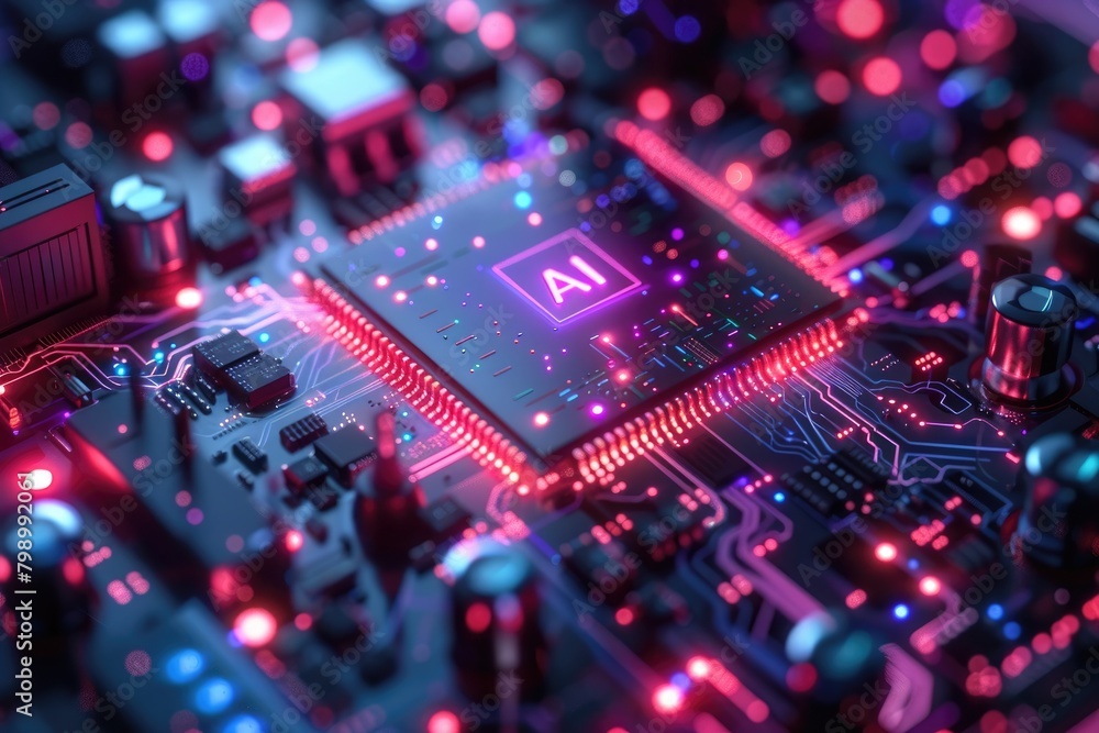 Poster artificial intelligence (ai) concept, abstract ai processor and quantum computer background.
