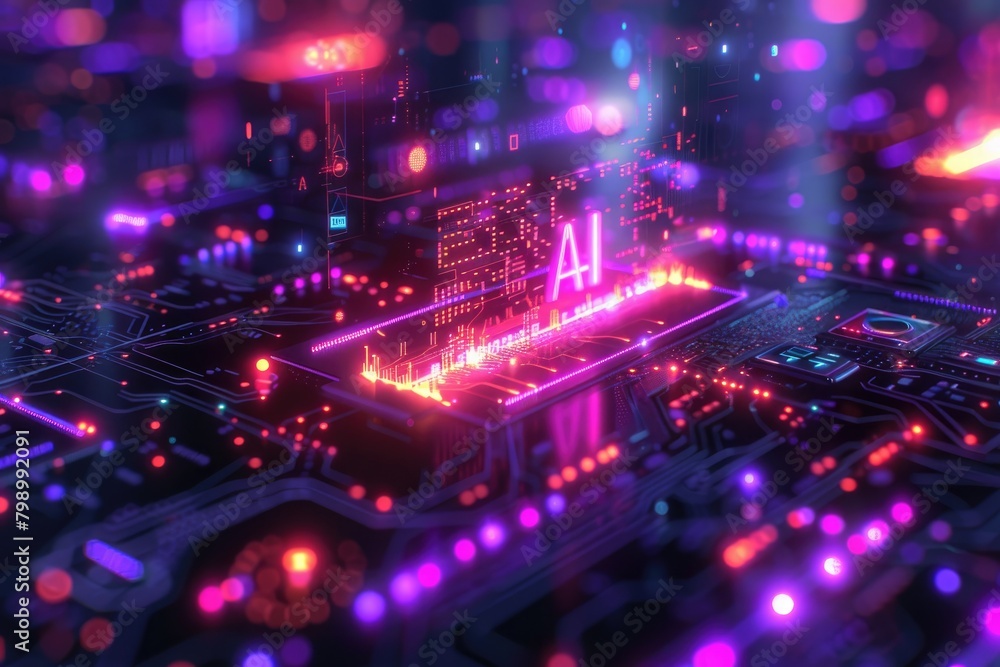 Poster artificial intelligence (ai) concept, abstract ai processor and quantum computer background.
