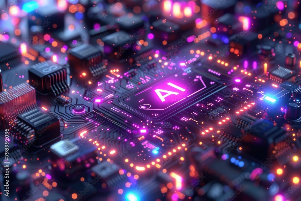 Poster artificial intelligence (ai) concept, abstract ai processor and quantum computer background.