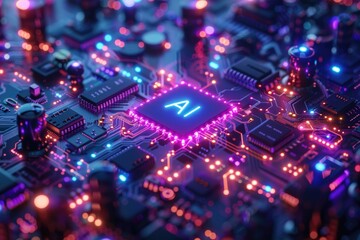 Artificial Intelligence (AI) concept, Abstract AI processor and quantum computer background.