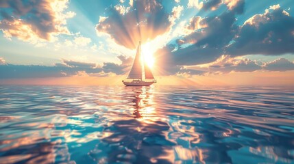 blue sailboat photo Floating in the middle of the blue sea Sunlight reflects back with beautiful rays. - obrazy, fototapety, plakaty