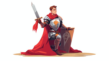 Knight in armor and red cloak holding shield and sw