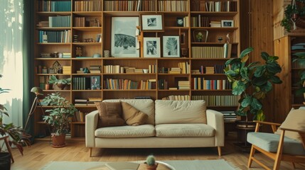 Cozy Living Room with Floor-to-Ceiling Bookshelf Design