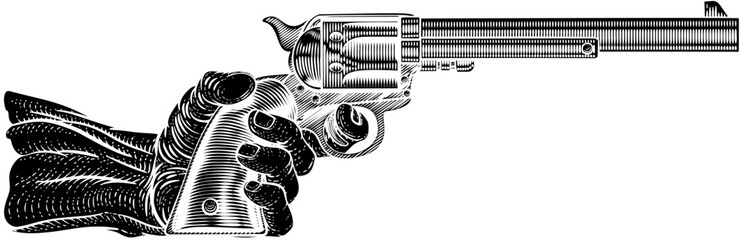 A hand holding a western cowboy gun pistol revolver in a vintage woodcut style