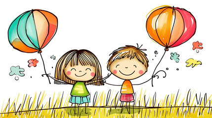 Two children hold colorful balloons in the park. The children are smiling. Illustration with free space for text for a postcard, poster, book cover, banner. Holiday concept. Children Protection Day