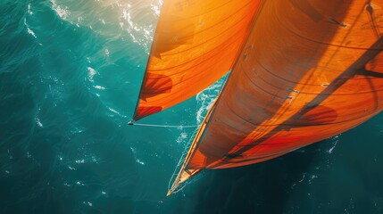 Close-up shot of a large orange sailboat. Floating in the middle of the blue sea The backlight has beautiful lobes on the sail. - obrazy, fototapety, plakaty