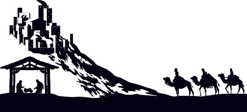 A Christmas nativity scene with baby Jesus in the manger, wise men and city of Bethlehem in the background