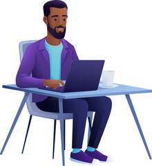 A man, person, using a laptop computer cartoon illustration. Possibly remote working online from home or running a business as an entrepreneur or freelancer. Could also be a college student studying.