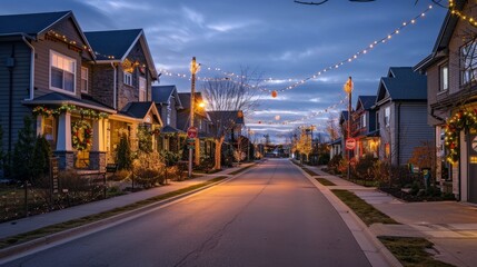 Fototapeta na wymiar Suburban Holiday Spirit: Homes Lit by Twinkling Lights