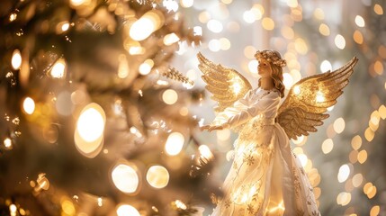 Fototapeta premium Seraphic Splendor: Illuminated Angel on Christmas Tree