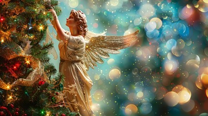 Fototapeta premium Gilded Angel: Sparkling Christmas Tree Adornment