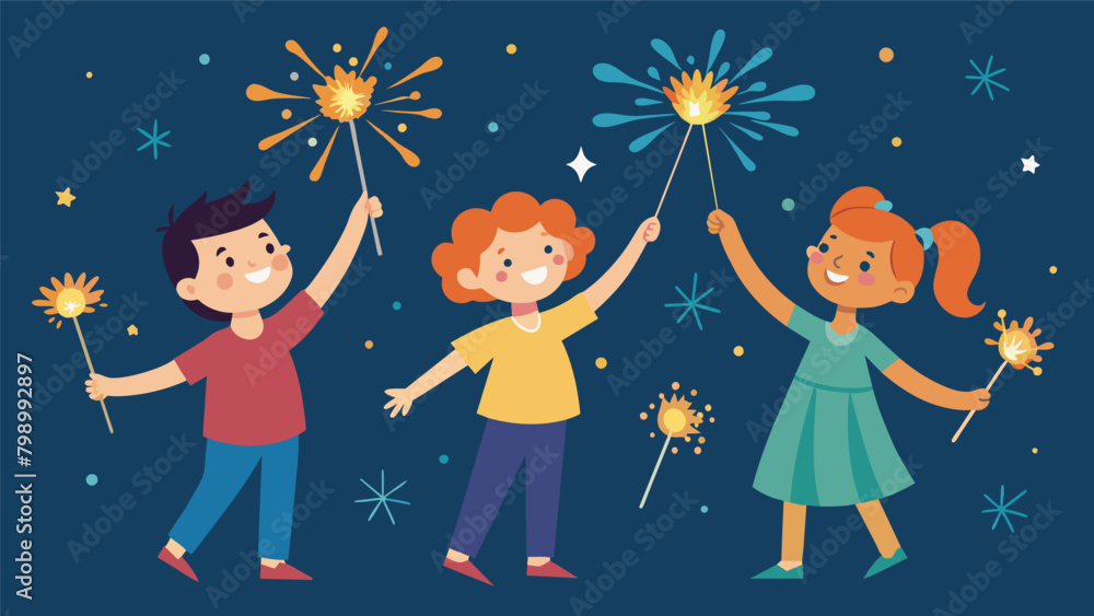 Poster children with glowing sparklers in their hands twirling and spinning in circles creating their own m