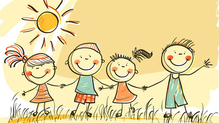 Children holding hands walk in nature. Background for postcard, banner, poster. Сoncept of holiday, happy childhood, family. Illustration with free space for text. International Children's Day. - Powered by Adobe
