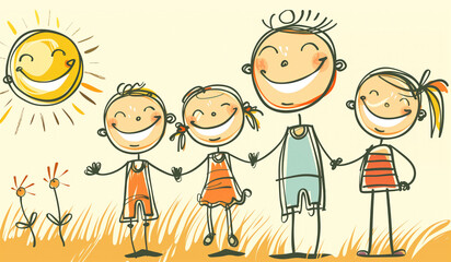 Happy family, holding hands, walks in nature. Doodle style. International Children's Day. Background for postcard, banner, poster. Concept of holiday, happy childhood, family.