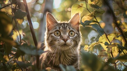 Surprised Tabby Cat Amongst Green Leaves in Sunlight