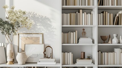Modern Bookshelf Aesthetics with Sculptures and Books