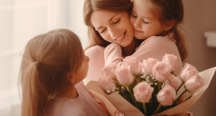 mother and daughter
Heartfelt Mother's Day Moment: Mother Embracing Children with Flowers and Greeting Cards