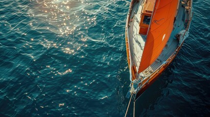 Close-up shot of a large orange sailboat. Floating in the middle of the blue sea The backlight has beautiful lobes on the sail. - obrazy, fototapety, plakaty