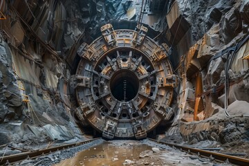 Engineer Technician control underground construction working shaft. Transport pipeline tunnel boring machine method for electric train subway.