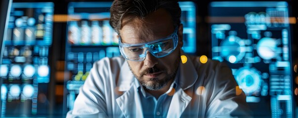 A research scientist analyzing environmental data and monitoring pollution levels in a laboratory