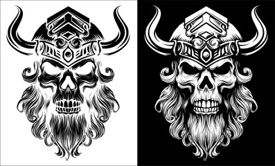 A Viking skull skeleton warrior or barbarian gladiator man mascot face looking strong wearing a helmet. In a retro vintage woodcut style.