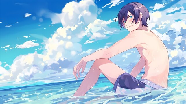 Young Anime Character Resting on Peaceful Beach with Serene Ocean View