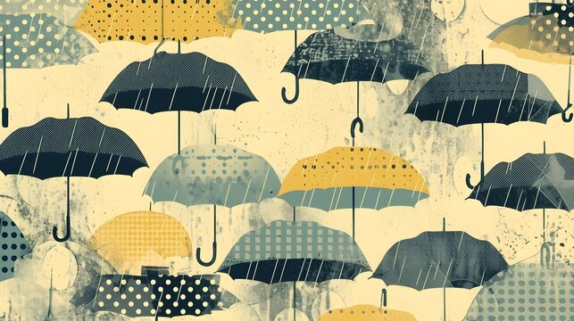 Vintage Inspired Rainy Halftone Umbrella Pattern Background