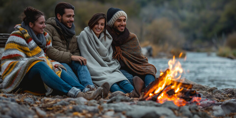 a group of friends enjoying campfire in woods, sitting around bonfire