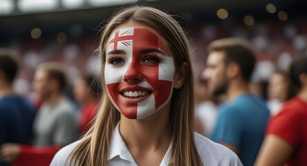 Happy ENGLAND woman supporter with face painted in ENGLAND flag , ENGLAND fan at a sports event such as football or rugby match euro 2024, blurry stadium background - obrazy, fototapety, plakaty