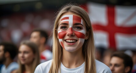 Happy ENGLAND woman supporter with face painted in ENGLAND flag , ENGLAND fan at a sports event...