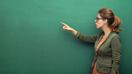 Professional Photographic Style Portrait of Female Teacher Pointing at Chalkboard